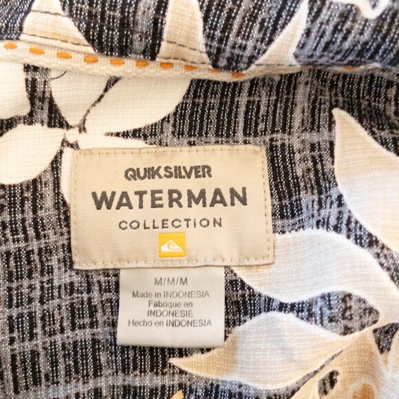 Quiksilver Waterman Collection Hawaiian Shirt Size M Black Beige Floral Print - Picture 4 of 5